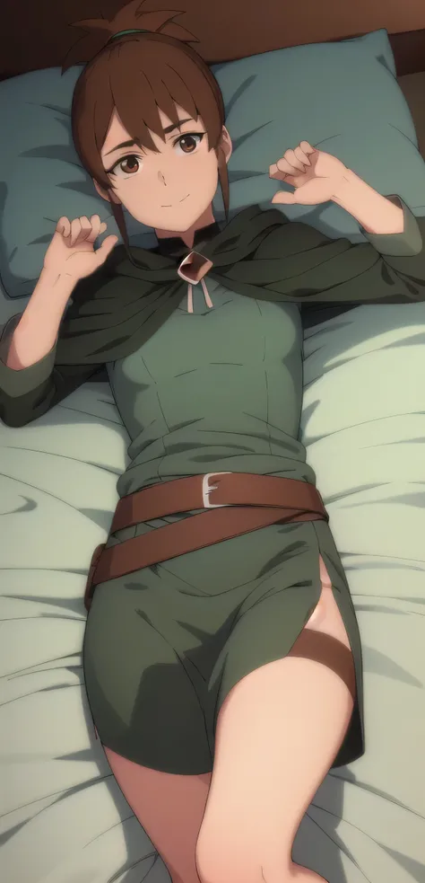 score_9, score_8_up, score_7_up, source_anime, One,  1girl, March , dotaMarch, March,  brown hair, happy,  looks at the viewer,  duration ,  Ponytail , jacket, brooch, green cloak, order, black leggings, belt, is lying on the bed,  art, smiles, keeps his h...