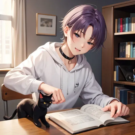  1 boy ，Purple Hair， short hair on the side of the uniform,bangs， Purple Eyes， wearing a white hoodie ,  a wooden desk and a potted plant  . A handsome young man wearing  , sleepy look after intercourse ，Sleepy face，which adds a playful touch. Background, ...