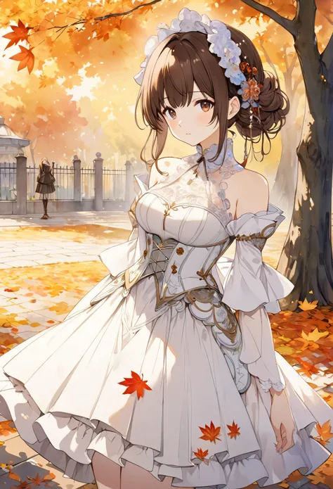 (((nsfw)))、 (((watercolor))), (((gothic))),      tree々Woman standing on a street surrounded by   、 A fascinating scene  ,     Decorate with hair accessories     、       The pose is medium length      ,    Wavy brown hair ..。.。Super mini skirt with frills, ...