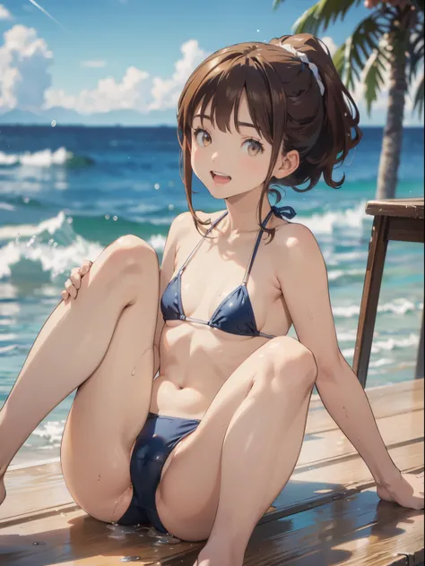 ((NSFW)),((cowboy shot )), ((jinno megumi, brown hair, ponytail, brown eyes)), ((NSFW)),((Micro bikini - swimsuit with a small area)), (cameltoe:1.1) (((Smaller chest))), Best Quality, (masutepiece:1.2), Highly detailed, 1girl in, Solo, raise a hand, Looki...