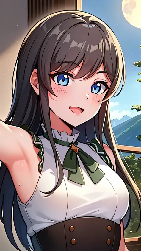 quality, masterpiece, highly detailed, 8k, masterpiece, tilly wimbledon, sleeveless, 1girl, smile, open mouth, blush, detailed face, detailed eyes, medium breast, blue eyes, top of mountain, night, moon, ((armpit)), 