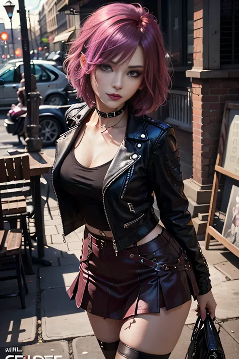 1girl, woman, emo_hairstyle, black lipstick, dog collar, eyeliner, eye shadow, smoky eyes, realistic lighting, short hair, smug, punk, smirk, fantasy clothes, skirt, tight fantasy dress, high danrasy., magenta tint、Bright colors、((masterpiece)))、(((top qua...