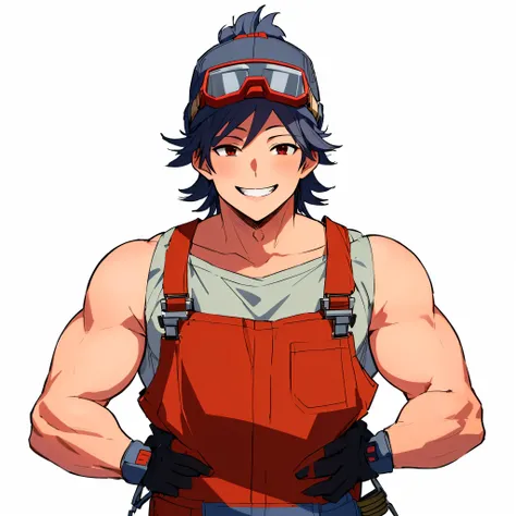 anime character with goggles and overalls standing, gray cap , red cheeks, smiling,  big smile, mouth open wide, shameless man ,  red cheeks ,  detailed eyes , , shameless man 