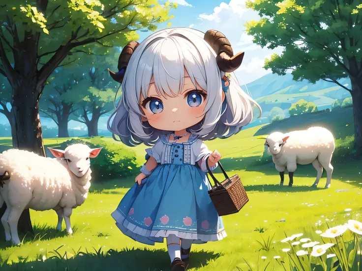 Chibi、 Girl with Sheep Decoration 、Pastoral meadow、poet、Walking in the hills、 blue sky、A gentle breeze、 fantasy、cute、Wide Lens