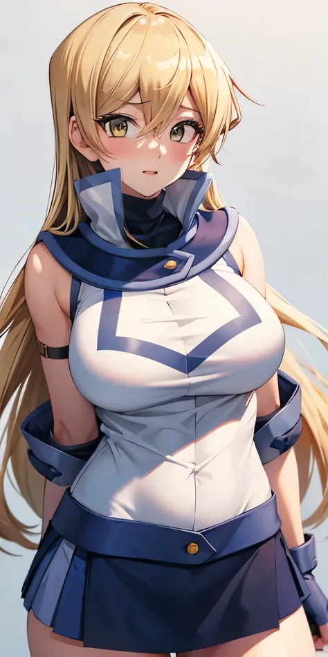 1 Female,High definition,high resolution,Ultra-realistic,8K, ta1, blonde hair, long hair, yellow eyes,white jacket, sleeveless, blue skirt, tight skirt, miniskirt,fingerless gloves, large breasts,European,sexy,Upper body close-up,Photographed from the fron...