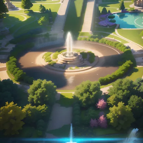 there is a large fountain in the middle of a park, fountain in the middle, immortality fountain, fountain of water, park background, rendered in unity 3 d, rendered in nvidias omniverse, metaverse concept art, masterpiece. rendered in blender, concept art,...