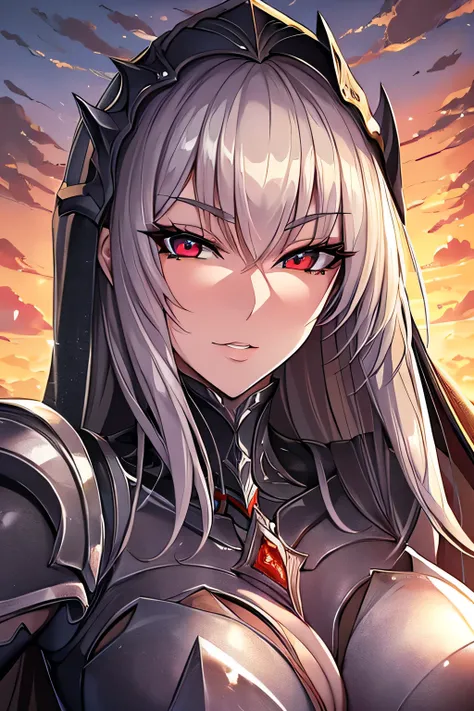 Top quality, detailed face, top quality, detailed eyes, detailed illustration, one woman, MILF, 35 years old, pointed eyes, angular eyes, heavily armored battle cyborg, Bloody Mary