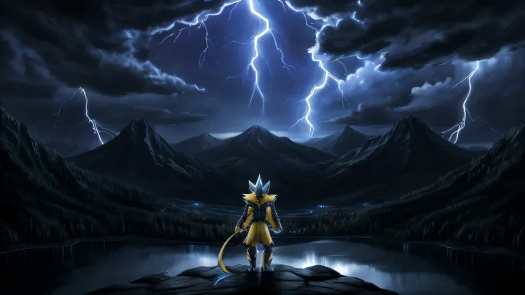 Zeraora, Pokémon, full body surrounded by lightning, the character must be looking at the sky, Mountainous landscape with the moon on the top of a mountain, original pokemon design, until, Alone, night with lightning, moment of emotional loneliness