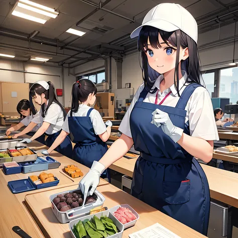 Amazing resolution, Top quality++, Top quality++, Ultra high resolution++, Ultra high resolution++, From side, (background focus)++, (1)+++Dressed women admiring the top and bottom (factory work clothes), girls making lunch boxes at a lunch box factory. Ul...