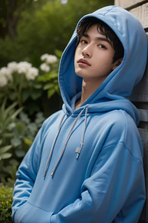  Arafed in a blue hoodie looking at the camera, in the garden,  Neutral Face , Detailed portrait shots, Portrait of a boy,  Arafed  , Half-body portrait,   closeup portrait shot  , I agree with you,  realistic pictures