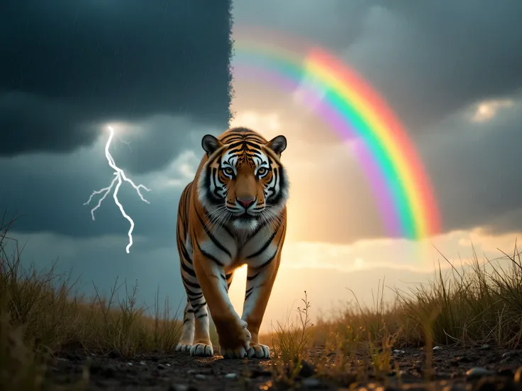 A tiger walking in which half of the image is a storm and the other half is a rainbow