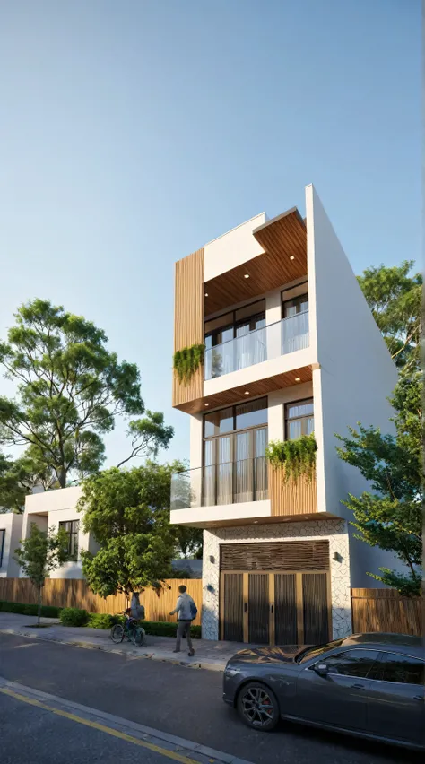 townhouse, Led light, spotlight out door, (modern style:1.2), (Open roof to see the sky), exterior design, perspective view, (open roof), Pavement, alphalt streets road, (next door neighbors house), (dawn light sky background), Low trees around the house, ...