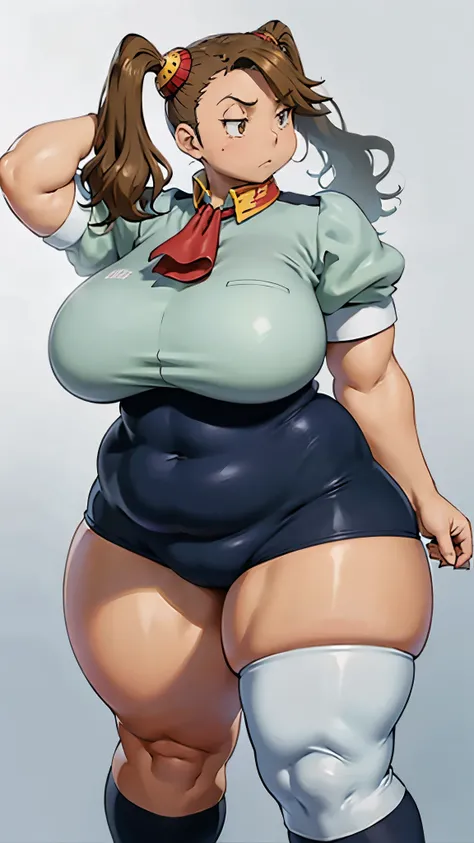 , brown hair,The bangs flow sideways , Light brown eyes, twin tails,Strong-boned body, thick thighs ,thick thick arms,sweat,vapor,Wide ass,Wide hips,  open thighs ,Thick arms,Strong and wide body,Very large breasts,Strong body, thick thighs , huge breasts,...