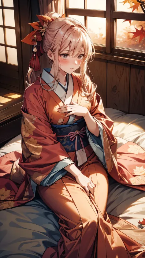 （（ high quality）），（（ High Quality ）），（（HD））,（（4K）） Lingerie，Wacoal，Beautiful design，They use great colors ， and hide them with their hands on their chest and blush shyly，kimono，Put on a kimono，On the futon，Its dim and the sunset outside the window，autumn l...