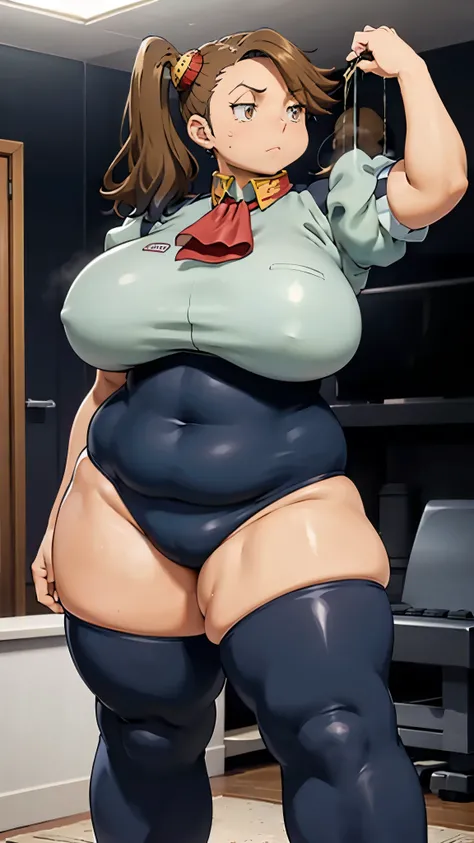 , brown hair,The bangs flow sideways , Light brown eyes, twin tails,Strong-boned body, thick thighs ,thick thick arms,sweat,vapor,Wide ass,Wide hips,  open thighs ,Thick arms,Strong and wide body,Very large breasts,Strong body, thick thighs , huge breasts,...