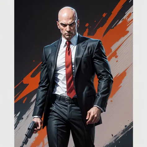 young man, hitman, no hair ,no beard,gun holder,hand ready to pull the trigger, glitter watch,handsome ,mass look, charisma intense expression, piercing eyes, strong facial features, ruggedly handsome, confident posture, intense gaze, powerful presence, co...