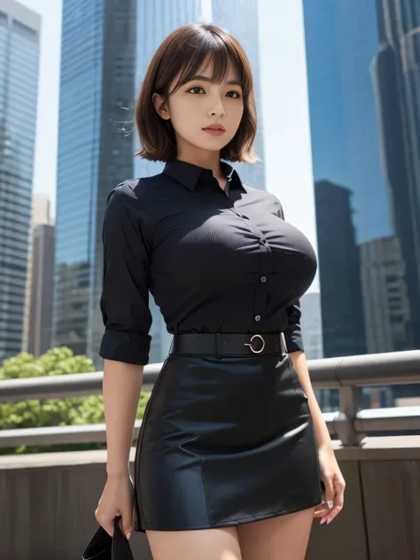 tight-fitting business shirt, short sleeves, tight-fitting skirt, (shirt tucked into skirt:1.3), tights, road in front of the co...