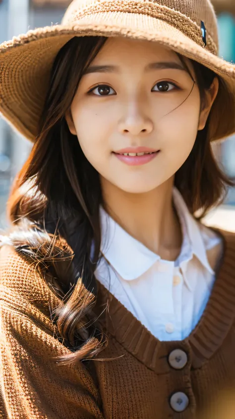  ultra high resolution, Extreme close-up of a cute Korean woman,extreme close-up cute korean woman with chest size 32 inch ,  wearing a hat,  wearing a brown sweater, Walking around town, sunlight,  Blurry Background 