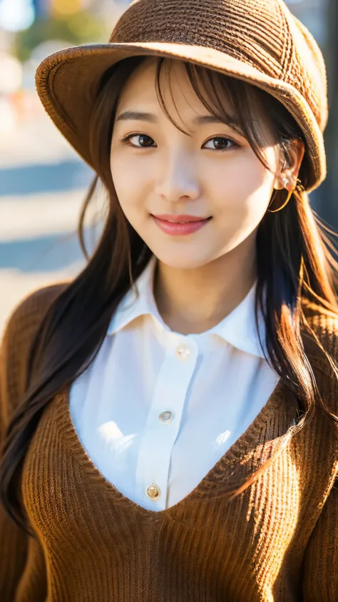  ultra high resolution, Extreme close-up of a cute Korean woman,extreme close-up cute korean woman with chest size 32 inch ,  wearing a hat,  wearing a brown sweater, Walking around town, sunlight,  Blurry Background 