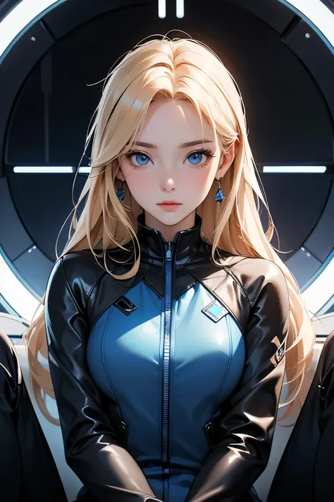 Image of her upper body up 。One beautiful woman。Detailed drawing of the face。 blond and blue-eyed。25 years old。She is looking at the camera with a serious expression。Shes wearing a blue-black metallic combat suit 。 Shes sitting in the cockpit of a small sp...