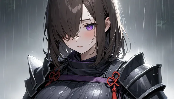 (masterpiece, Highest quality:1.2), (1girl), alone, ((medium hair)), (((dark brown hair))), (straight hair), ((hair over face)), (hair over one eye), (hair over right eye), (samurai armor), (()), ((purple eyes)), (((big breast))), high detail, bloom, textu...