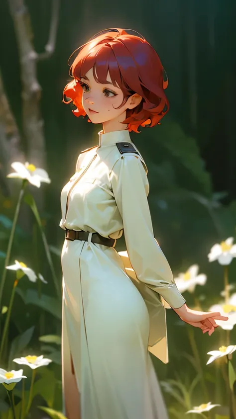 Cute woman in the drizzle, ( elegant ,  Facial beauty), Transparent white dress, Forest Moss, (Freckles:0.8), Flower Field, , Curly Red Hair, Magical atmosphere, ( short hair on the side of the uniform), (( detailed skin,  skin texture)),  super detailed, ...