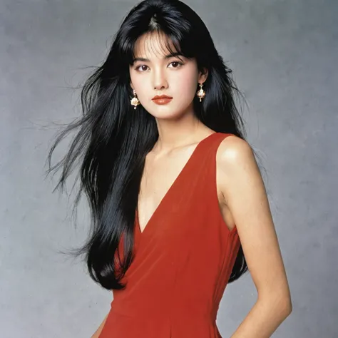 a girl, black hair, 1980s (style), red sleeveless dress, long hair,