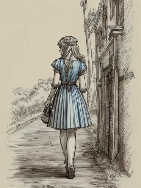 (davincisketch),Alone, Alice in Wonderland、blonde curly hair,blue headband、 blue dress 、 Wandering the Road 、Watch Rabbit 、(looking away),, (manga style), (sketch), (illutration)