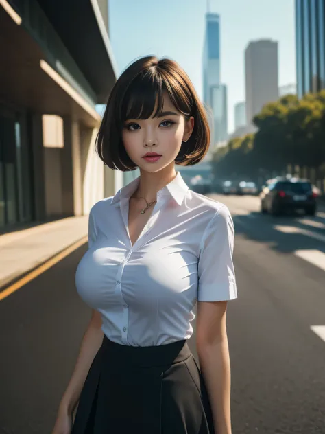 Tight-fitting business shirt, Short sleeves, Tight-fitting skirt, (Shirt tucked into skirt:1.3), Road in front of the company, Skyscrapers in the background, Daytime, Sunshine, Bright sunlight shining on her,
4K Quality, (High Resolution:1.3), (Realistic p...