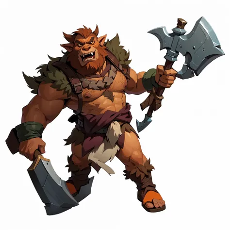 mstoconcept art, european and american cartoons, game character design, solo, 1MAN, bugbear, dnd bugbea, MALE bugbear, barbarian,  CLEAN FACE,  GRAY BACKGROUND, holding a sword and an axe, brown hair, Brown beard, brown fur, orange skin, orange skin orc, h...