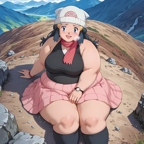 score_9, score_8_up, score_7_up, source_anime, pokemondawn, pokemon dawn, black hair, blue eyes, sidelocks, long hair,, bare shoulders, beanie, black shirt, black socks, bracelet, hat, jewelry, kneehighs, miniskirt, pink skirt, red scarf, scarf, shirt, ski...