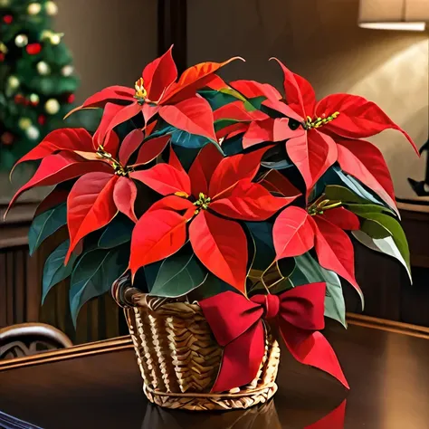 i have a large red poinsettia in a wicker basket on the table,  christmas, an   surrenders ,  surrendersな,   incredibly realisti...