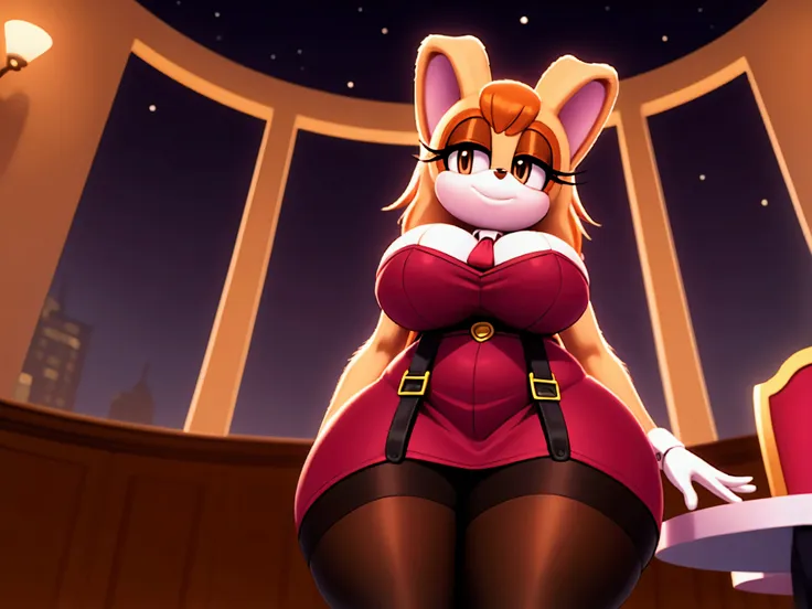 vanilla the rabbit , brown eyes ,, bunny tail , ,big breasts, big thighs red dress,without shoulders,sleeveless,black stockings ...