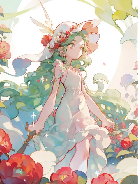 imagine prompt:  Beautiful Thurnight ,  The Wizard of Esper Fairy, Green long hair,  Shining Red Jewel Eyes ,  slender body , Red Jewel on the Chest ,  Fluffy White Dress ,  Using Magic in the Flower Garden ,  soft-focus ,  pastel colors,  Watercolor Paint...