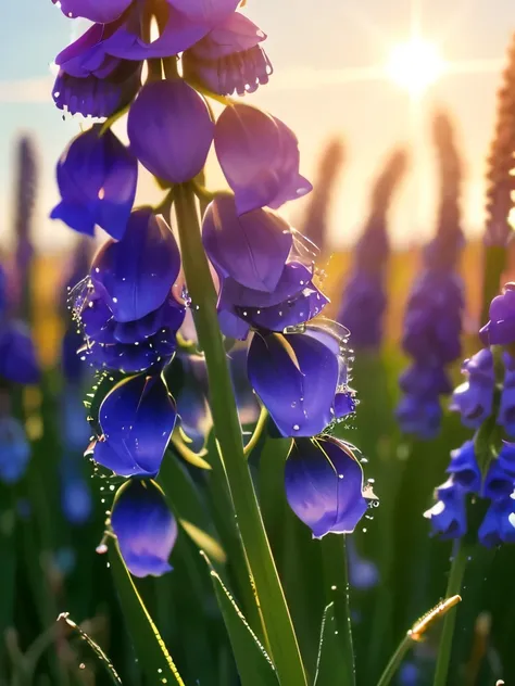 purple flowers with white stems in the grass in the sun, dew, spring, springs, by Hans Schwarz, spring early morning, early spring, by Joan Ayling, dew drops, by Jan Rustem, grape hyacinth, dewdrops, by Jan Jahn, by rainer hosch, by Gerard Soest, beautiful...