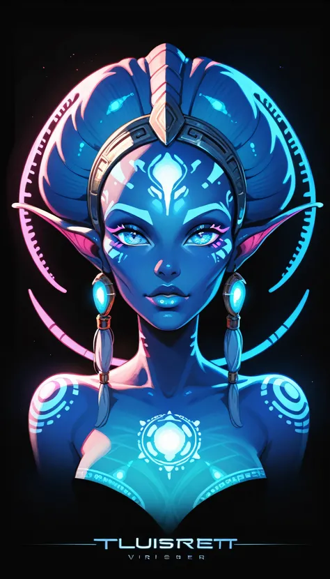 Medieval Extraterrestrial Creature, Alien Being, ((Non-Human)), Female seductive Alien, colorful skin, Holographic Alien Tribal, Tribal Alien Priestess, Glowing Makeup, Blacklight, Glowing, Seductive Alien, Black Background, Character Design Sheet, ((eye f...