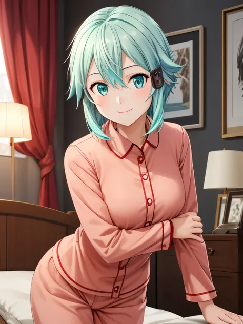  high definition 、 best quality、 super quality、Chinon、3D Images、smile、 one girl who is at ease、solo、 shot from the front、Light green hair、 short hair 、Attractive light blue eyes、 bob cut from the front、 very detailed CGユニティ8k壁紙、[3D Images:1.1]、 charming ey...