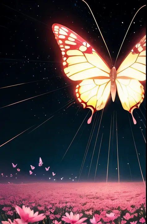 a group of pink butterflies flying through the air, a digital rendering by Lisa Milroy, pixabay, art nouveau, glowing butterflies, scattered glowing pink fireflies, butterflies, butterflies flying, butterfly lighting, butterfly, butterfly wings, butterflie...