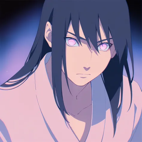 (naruto oc), (naruto character),(gender: male, boy), (hair: medium length, black hair, straight hair), (eyes, pink eyes, pastel pink, no pupil, without pupil), (clothing: pink kimono ), (scenario: dark, black background, dark shadowy), (expression: serious...