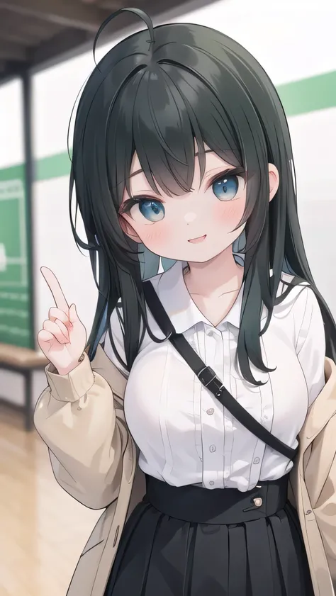 Junior high school student who looks like an elementary school student, , very short, 140 cm tall, black hair with a slight green tinge, short ahoge, beautiful long hair but with a little hair sticking out, beautiful round eyes, blue eyes, smile, boyish, l...