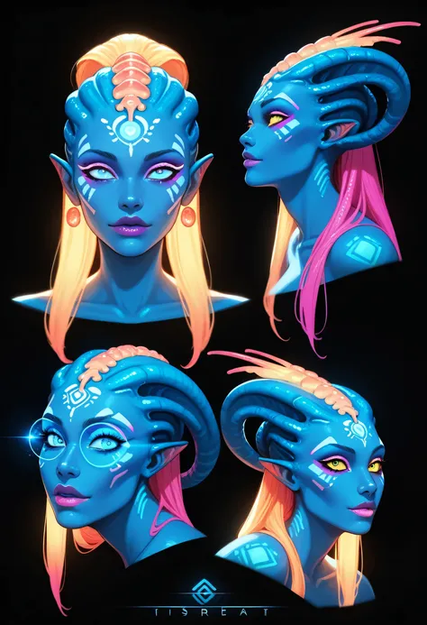 Ancient Extraterrestrial Creature, Alien Being, ((Non-Human)), Female seductive Alien, colorful skin, Holographic Alien Tribal, Tribal Alien Priestess, Glowing Makeup, Blacklight, Glowing, Seductive Alien Technology, Black Background, Character Design Shee...