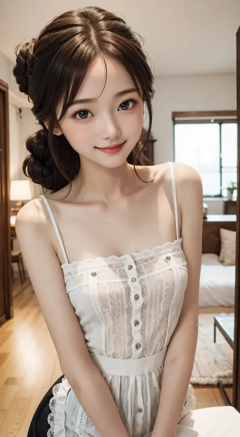 maid,cute pretty girl,masterpiece,high definition,4k,8k,16k,chignon hair,brown hair,skinny,thin body,smile