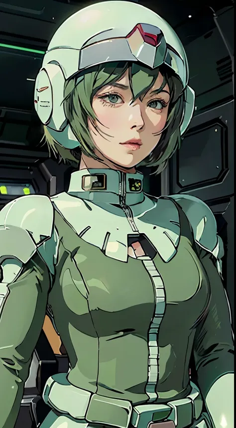  High Quality, Outstanding details,   ultra high resolution, ( realism: 1.4),  best illustrations, ,  very condensed single girl,  Dressed in 、 delicate and beautiful face  , Beautiful woman wearing a black and green mecha ,  wearing a mecha helmet ,  hold...