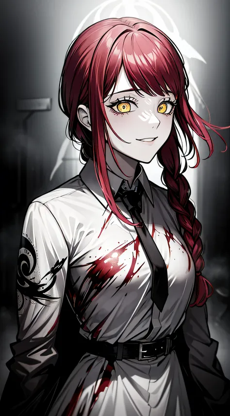 linert,monochrome, masterpiece, gorgeous, best quality, highres, 1girl, ((solo)), colorfull, red_haired, dangerous,vivid eyes,yellow eyes, alone, white shirt, mesmering eyes, bangs, hair braid, smilling, scary smile, madness, ((blood, colorful, ink)) BREAK...