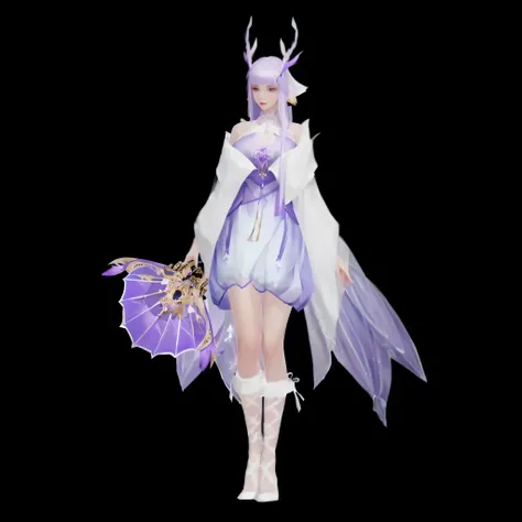 Woman in clothes， Holding a purple fan , Full body fairy, Wearing a feather dress  , Woman in a dreamy dress , Inspired by meditation , Inspired by Lan Ying, feathered robe, Faye Valentine, Beautiful fantasy queen ,  Final Fantasy 14 style  ，noble