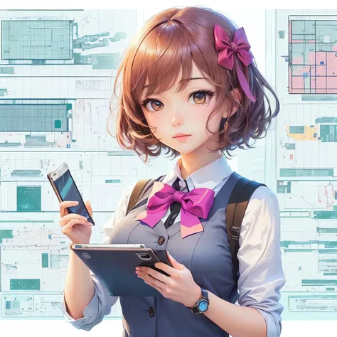  anime girlがタブレットを持ち、 looking at my phone 、 Cyber、 Cute Girl Anime Visual 、A 25-year-old businesswoman with a troubled expression、 A BEAUTIFUL ANIMATED WOMAN IN A BUSINESS SUIT、 office casual、 hololive 、 Kantai Collection Style 、 Pixiv Digital Art、 digital...