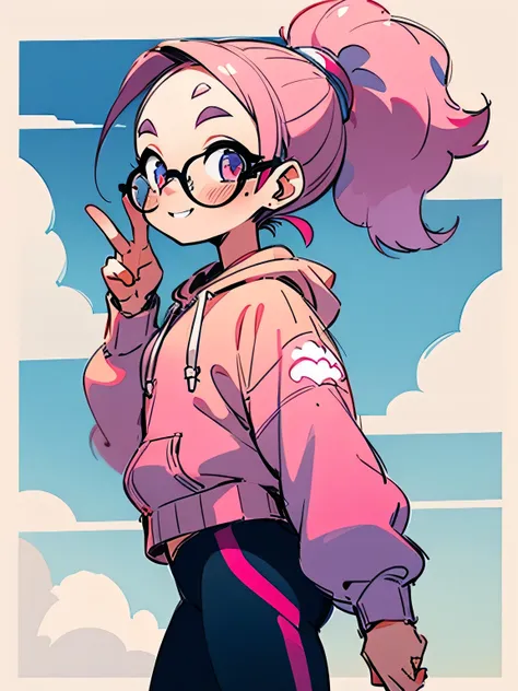 ((sideview)),alone,30years old,(pink ponytail),big forehead,pinkcolor hoodie,long sports pants,glasses, has a trash bag、amazed f...