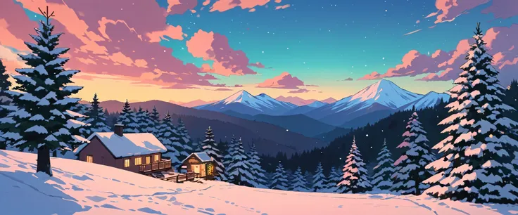 Christmas vibes ultrawide ,cozy ,lofi ,landscape ,forest ,mountain