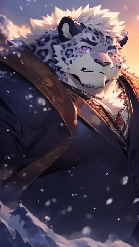  human nature , wild animals, Male, 28 years old，youth，Lonely, ((round face,  The face is plump , purple eyes,  thick white hair ，Scars)), ((Endomorph,  handsome ， Hot blood )), （mecha suit，No power ， exhausted), (( domestic snow leopard,  snow leopard orc...