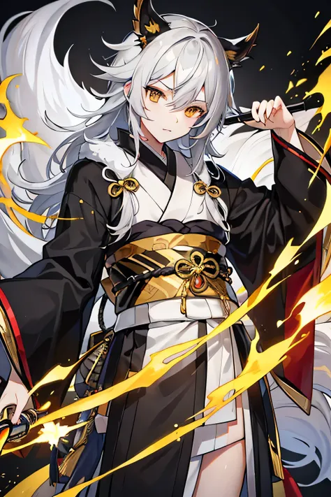 Male + grey hair + golden eyes + black and gold color schemed haori and kimono + race is kitsune + long and spiky hair + solo